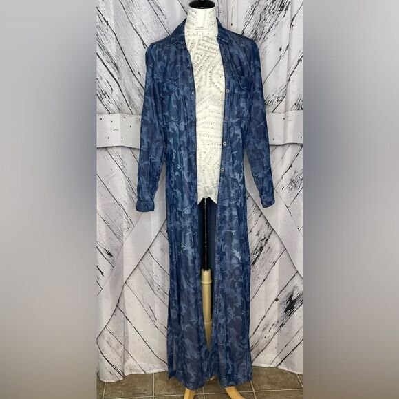 Blue Camo Maxi Dress Button Down Belted S - Picture 2 of 5